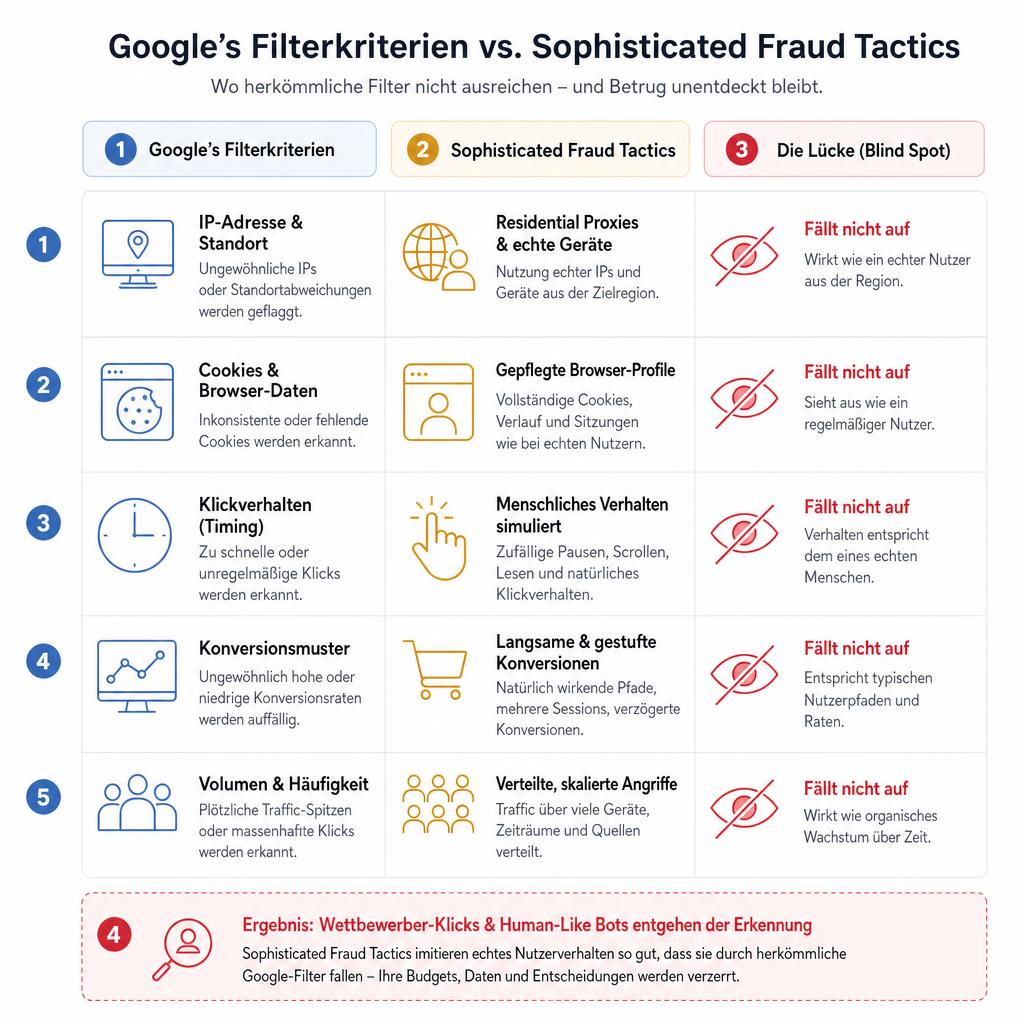 Infografik: Vergleich zwischen Google-Filtern und modernen Betrugsmethoden wie Bot-Netzwerken und Wettbewerbs-Klicks.